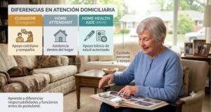 Infografía explicativa sobre las diferencias entre Cuidador, Home Attendant y Home Health Aide en atención domiciliaria con una adulta mayor sonriendo