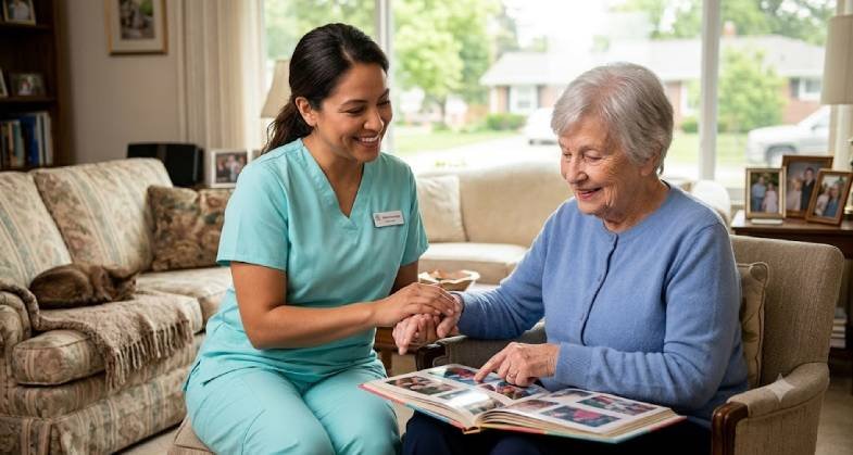 Cuidadora de adultos mayores en Estados Unidos conversando amablemente en un hogar